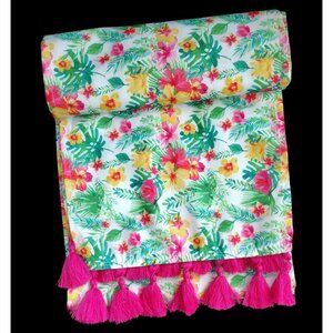 Table Runner with Tassels, Pink Green Wildflower Garden, Colorful Floral 12x72